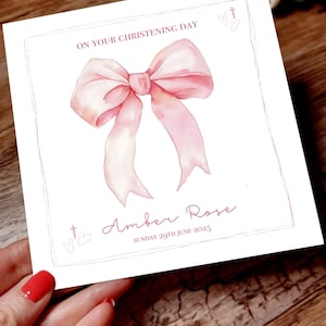 Personalisierte rosa Schleifen-Taufkarte - Zur Taufe Tageskarte für Mädchen - Kokett-inspiriertes elegantes Design