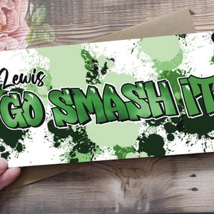 Personalisierte Jungen und Mädchen Good Luck Karte, Exam Karte, Go Smash It Karte, 3 Designs, Studenten Ermutigung, grün, grau und schwarz.