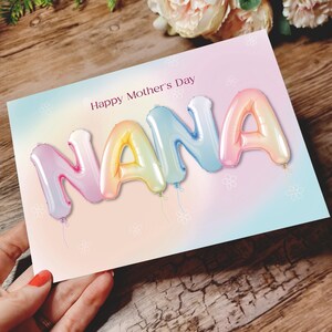 Personalisierte Muttertagskarte für Nana, Nanny, Oma, Nanna, Oma. Heliumballon Muttertagskarte für eine besondere Dame