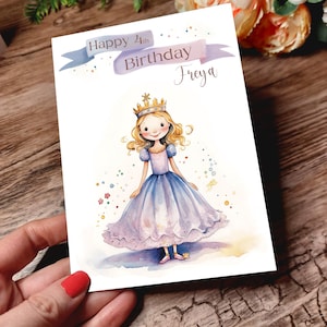 personalised little princess birthday card. Lilac, purple coloured princess fully personalised with any age and name.