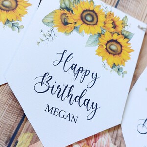 sunflower happy birthday bunting. Personalised card birthday bunting. Add names and ages if you want, on this custom 8 flag card bunting.