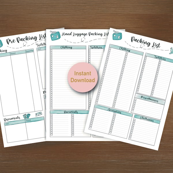 Complete vacation / holiday travel packing list bundle. Carry on list, packing list and pre packing list. Vacation lists and organisation