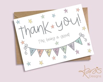 Teacher thank you card. Pastel stars and bunting thank you teacher card. Let your teacher know how great they are
