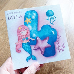 Carte d'anniversaire personnalisée sirène, pour tous les âges, 1, 2, 3, 4, 5, 6, 7, 8, 9 ans. Jolie carte spéciale sirène personnalisée pour tous les âges.