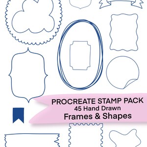 Pode incluir: Um conjunto de 45 molduras e formas desenhadas à mão para Procreate, delineadas em azul. Os desenhos incluem círculos, faixas e bordas decorativas. O texto "PROCREATE STAMP PACK" é exibido. Ideal para projetos de arte digital.