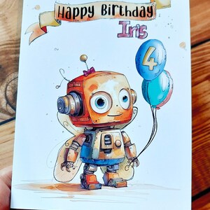 Carte d'anniversaire personnalisée robot féerique - Jolie carte personnalisée pour fille ou garçon - Carte de voeux d'anniversaire amusante pour un enfant, tous âges et tous noms.
