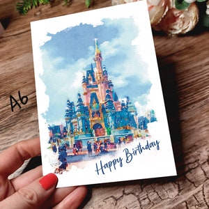 Zauberhaftes Schloss Geburtstagskarte – Personalisiertes Aquarell Prinzessin Thema – Märchenpark-inspirierter Gruß für jedes Alter