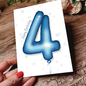 Personalisierte 4.Geburtstagskarte - Ballonzahlen-Design - Name & Farbe nach Wunsch - Vierter Geburtstag Junge oder Mädchen - Karte ab 4 Jahren