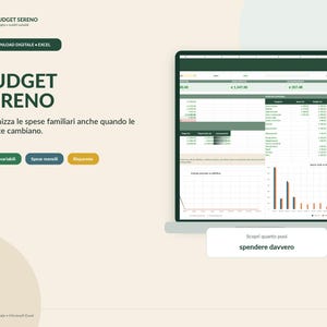 May include: A digital Excel budget planner titled Budget Sereno, featuring a laptop screen displaying financial tables, charts, and data categories. The interface includes buttons for variable income, monthly expenses, and savings, with text in Italian.