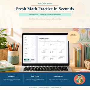 Op de afbeelding: Een laptopscherm met een werkbladgenerator voor wiskunde genaamd Fresh Math Practice. De interface bevat opties voor breuken en decimalen, een genereerknop en een knop om als PDF af te drukken. Het scherm toont een raster met sommen.