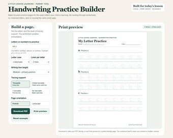 Handwriting Worksheet Generator | Custom Letter & Number Tracing Pages | Homeschool Printable