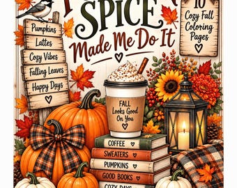 Pumpkin Spice Coloring Pages, Cozy Fall Coloring Pages, Printable Adult Coloring Pages, Autumn Coloring Book, Instant Download