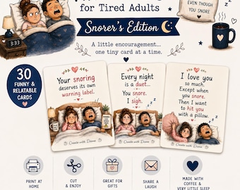 Tiny Cards for Tired Adults–Snorer’s Edition | Funny Printable Cards | 30 Mini Humor Cards | Gift for Husband or Wife | Instant PDF Download
