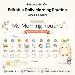May include: An editable daily morning routine chart featuring the text My Morning Routine and Small steps lead to a great day. The layout includes eight numbered steps with icons for tasks like making the bed, brushing teeth, and eating breakfast.