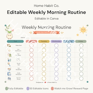 Tableau de routine matinale hebdomadaire modifiable pour enfants, TDAH, autisme (téléchargement numérique), version gratuite Canva