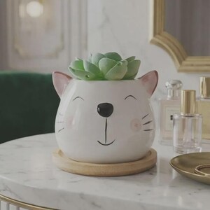 Cat Ceramic Planter Pot with Bamboo Tray – Small Succulent Planter Holder