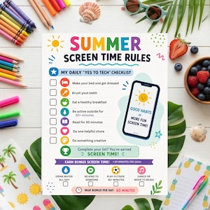 May include: A white paper checklist titled Summer Screen Time Rules with colorful text and icons. It features a daily checklist for tasks like making a bed and reading, plus a section for bonus screen time activities like drinking water and playing.