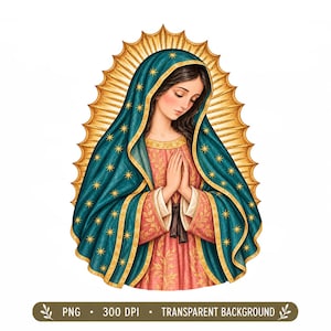 Puede incluir: Una ilustración digital de la Virgen de Guadalupe con las manos juntas en oración. Viste un manto verde azulado con estrellas doradas sobre un vestido rosa con motivos florales dorados, enmarcada por un sol dorado. Texto: PNG 300 DPI TRANSPARENT BACKGROUND.