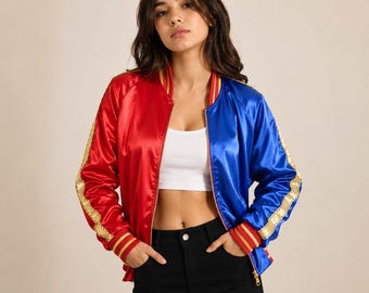 Women's Red Blue Satin Bomber Jacket