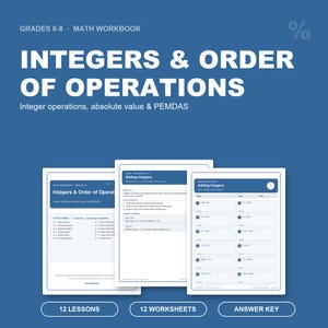 6th-8th Grade Math Worksheets | Integers & Order of Operations Workbook | Lessons + Practice + Answer Key