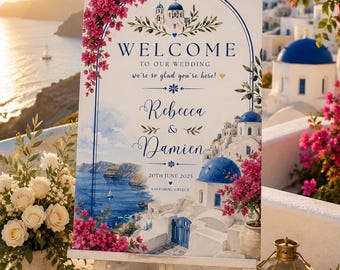 Cartello di benvenuto per matrimonio a Santorini, modello Canva modificabile, cartello di benvenuto per matrimonio in Grecia, decorazioni per matrimonio in una destinazione esotica, download digitale stampabile