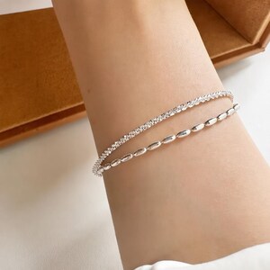 925 Sterling Silver Double Layer Bracelet | Minimalist Layered Silver Bracelet | Adjustable Dainty Bracelet | Gift for Her