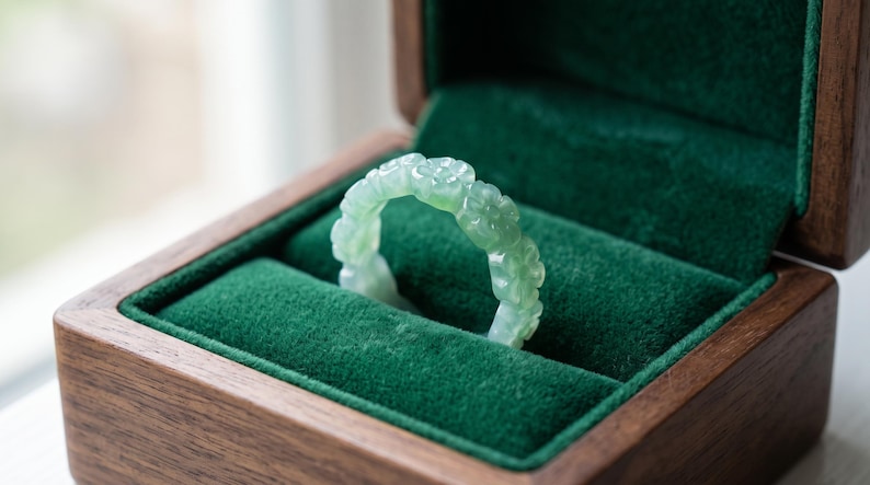 May include: A pale green, translucent ring carved with a repeating floral pattern along the entire band. The ring is positioned upright within a dark brown wooden jewelry box featuring a plush, deep green velvet interior lining.