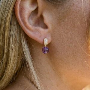 Natural Amethyst Drop Earrings, 925 Sterling Silver, 18K Gold Plated with Pave CZ