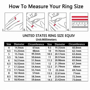 May include: A black and white instructional chart titled How To Measure Your Ring Size. It features four line-art diagrams showing finger measurement steps and a table listing United States ring sizes with corresponding diameters and circumferences in millimeters.