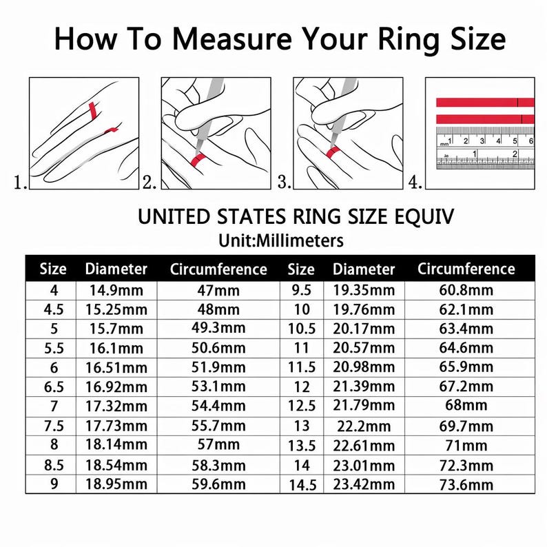 May include: A black and white instructional chart titled How To Measure Your Ring Size. It features four line-art diagrams showing finger measurement steps and a table listing United States ring sizes with corresponding diameters and circumferences in millimeters.
