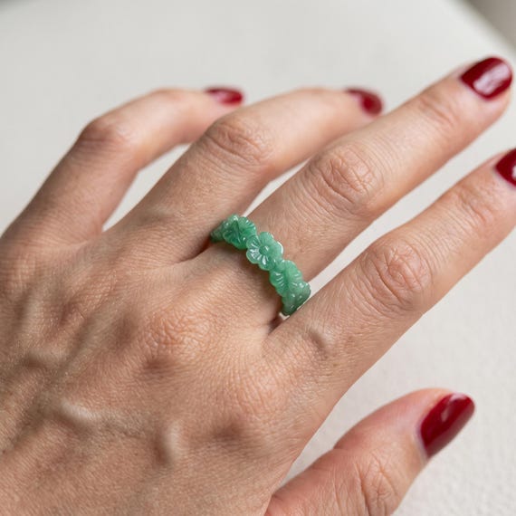 Natural Jade Flower Ring, Certified Jade Ring, Hand Carved Jade Band, Floral Jade Ring, Green Jade Jewelry, Gift for Her, Jade Ring