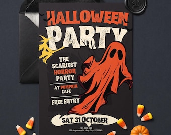 May include: A black Halloween party invitation card featuring an orange ghost illustration, a yellow witch silhouette, and text reading HALLOWEEN PARTY, THE SCARIEST HORROR PARTY AT PUMPKIN CAFE, FREE ENTRY, and SAT. 31 OCTOBER, with a black envelope and candy corn.