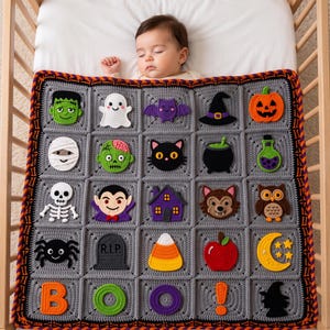 May include: A gray crochet blanket featuring a grid of colorful Halloween-themed appliques including a ghost, bat, pumpkin, skull, vampire, haunted house, spider, tombstone with R.I.P. text, candy corn, apple, moon, and the word BOO! in large letters.