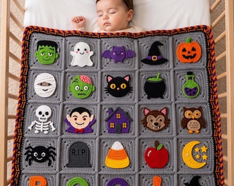 Halloween Crochet Baby Blanket Pattern PDF Ghost & Pumpkin Crochet Applique, Baby Blanket Crochet Gift, Nursery Decor | Baby Shower Gift
