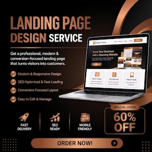 May include: A digital advertisement for a landing page design service featuring a laptop displaying a website. Text includes Landing Page Design Service, Digital Versa, Grow Your Business, Modern Design, SEO Optimized, Mobile Friendly, and 60% OFF.