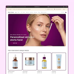 Op de afbeelding: Een website-interface voor een huidverzorgingsmerk met een banner waarop iemand serum aanbrengt met een druppelaar, en een productraster met een serumflesje, een pot gezichtscrème, een flesje olie en een tube zonnebrandcrème met labels.