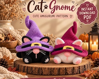 May include: A crochet pattern for a Cat Gnome featuring two amigurumi figures with pointed hats, cat ears, and whiskers. The text reads Crochet Pattern Cat Gnome Cute Amigurumi Pattern Instant Download PDF and Make Your Own Cat Gnome.