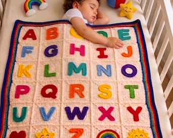 Crochet Baby Blanket Pattern, ABC Baby Blanket Crochet, Crochet Applique, Baby Boy Blanket, Nursery Decor, Baby Blanket Crochet Gift