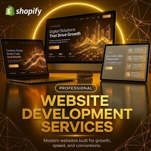 May include: A laptop, a desktop monitor, and a tablet displaying web development interfaces with gold-toned graphics and text. The Shopify logo is visible in the top left corner. Large gold text reads PROFESSIONAL WEBSITE DEVELOPMENT SERVICES.