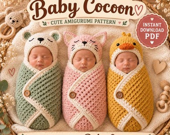 Crochet Cocoon Pattern PDF, Woodland Animal Baby Swaddle, Bear Cat Duck Baby Cocoon, Newborn Photo Prop, Instant Download Baby Shower Gift