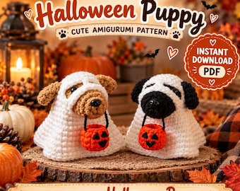 May include: Two amigurumi puppy figures dressed as ghosts, one with brown fur and one with black fur, each wearing a white crocheted ghost costume and holding a small orange jack-o'-lantern bucket. Text reads Crochet Pattern Halloween Puppy.