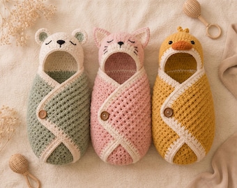 Cocoon Pattern Bundle Crochet Cocoon Pattern PDF, Woodland Animal Baby Swaddle, Bear Cat Duck | Newborn Photo Prop Digital Download