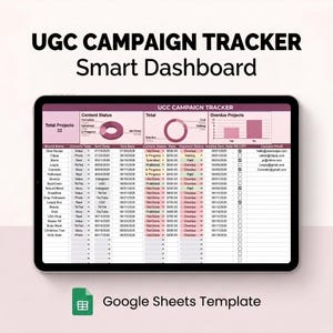 Könnte beinhalten: Ein digitales Tablet mit einer Google Sheets-Vorlage für ein UGC Campaign Tracker Smart Dashboard. Der Bildschirm zeigt eine Tabelle mit Spalten für Markennamen, Inhaltstypen, Daten, Status, Raten, Zahlungsstatus und E-Mail-Adressen.