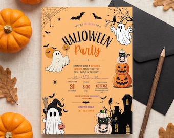 May include: A Halloween party invitation card on orange paper featuring black illustrations of ghosts, pumpkins, bats, a spider, and a haunted house. The text reads: You're invited to a Halloween Party, join us for a spooky night, Saturday 31 October, 8:00 PM, The Creepy Cottage, 121 Spoory Lane, Halloween Town, NY, show off your spookiest costume, RSVP to Noah 123-654-0789.