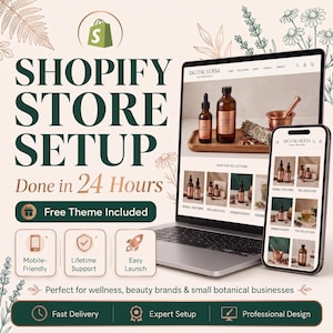 Pode incluir: Um portátil e um smartphone exibem uma loja Shopify para Digital Versa Botanicals. O texto diz: Shopify Store Setup, Done in 24 Hours, Free Theme Included, Mobile-Friendly, Lifetime Support, Easy Launch, Fast Delivery, Expert Setup, Professional Design.