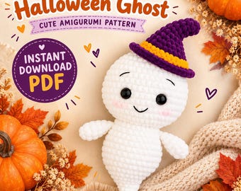 May include: A crochet pattern for a Halloween ghost amigurumi, featuring text that reads CROCHET PATTERN Halloween Ghost, CUTE AMIGURUMI PATTERN, INSTANT DOWNLOAD PDF, and MAKE YOUR OWN Halloween Ghost. The ghost is white with a purple witch hat.