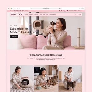 May include: A website interface for Simply Cats featuring a light pink color scheme. The header displays navigation menus, a search icon, and a shopping cart. The hero section shows a cat on a sofa, a cat tree, and the text Essentials for Modern Feline Living.