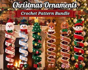 May include: A 6-in-1 Christmas ornament crochet pattern bundle featuring six hanging decorations: a Santa, snowman, Christmas tree, reindeer, gingerbread person, and elf. Each ornament has a spiral body with festive colors and small accents.