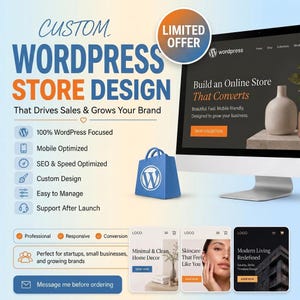 Peut inclure: Une publicité numérique pour des services de conception de boutique WordPress personnalisée. Le visuel présente un écran d'ordinateur affichant un site web, une icône de sac de shopping bleu et le texte "Custom WordPress Store Design".