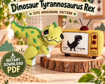May include: A crochet pattern for a green Tyrannosaurus Rex dinosaur and a yellow television set. The text reads CROCHET PATTERN Dinosaur Tyrannosaurus Rex CUTE AMIGURUMI PATTERN, INSTANT DOWNLOAD PDF, and MAKE YOUR OWN DINOSAUR TYRANNOSAURUS REX.